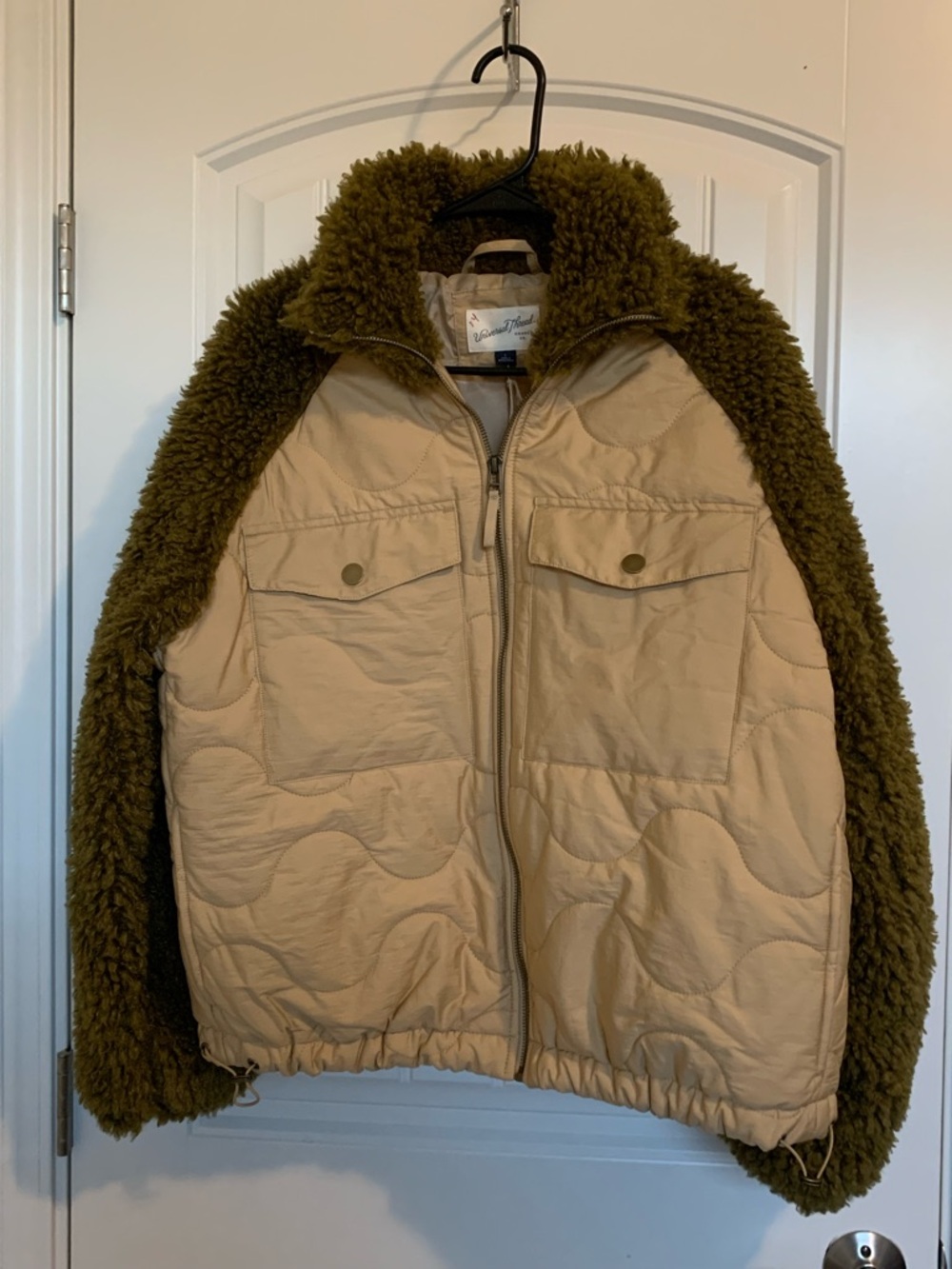 Universal Thread Two-Tone Quilted Puffer with Sherpa Trim in Olive & Tan